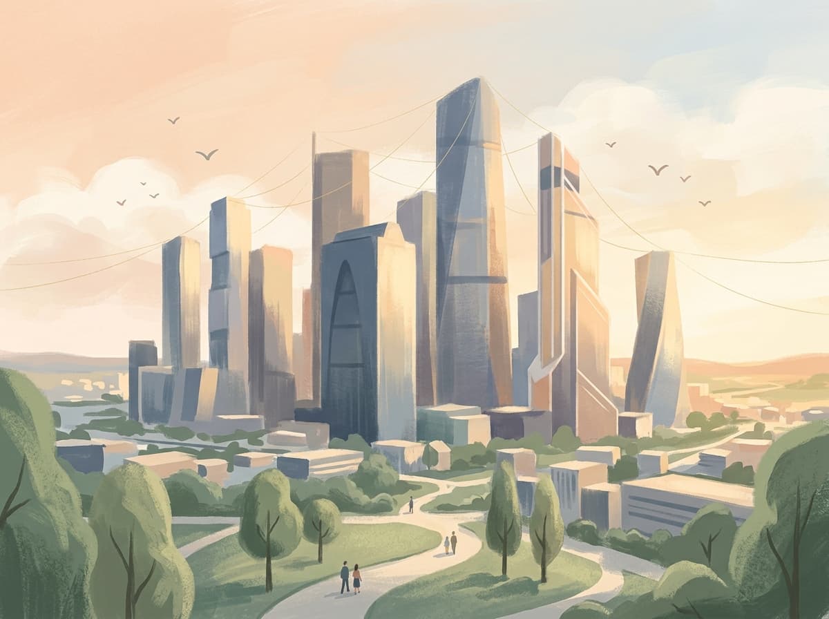 Painterly illustration of a modern financial district