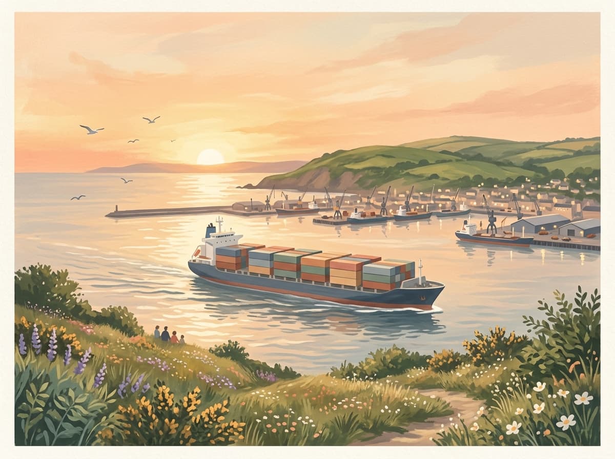 Painterly illustration of a trade harbour at golden hour